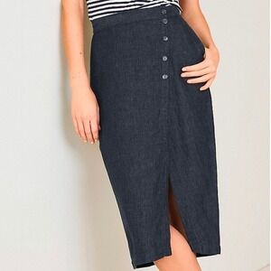 Garnet Hill Women XL Kona 100% Linen Chambray Button Front Midi Skirt Blue 2023